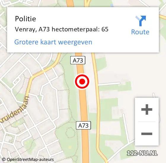 Locatie op kaart van de 112 melding: Politie Venray, A73 hectometerpaal: 65 op 9 september 2024 07:43