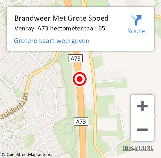 Locatie op kaart van de 112 melding: Brandweer Met Grote Spoed Naar Venray, A73 hectometerpaal: 65 op 9 september 2024 07:44