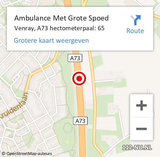 Locatie op kaart van de 112 melding: Ambulance Met Grote Spoed Naar Venray, A73 hectometerpaal: 65 op 9 september 2024 07:47