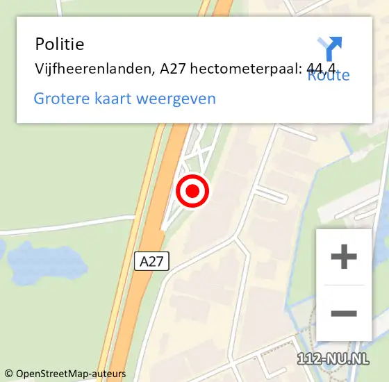 Locatie op kaart van de 112 melding: Politie Vijfheerenlanden, A27 hectometerpaal: 44,4 op 9 september 2024 08:29