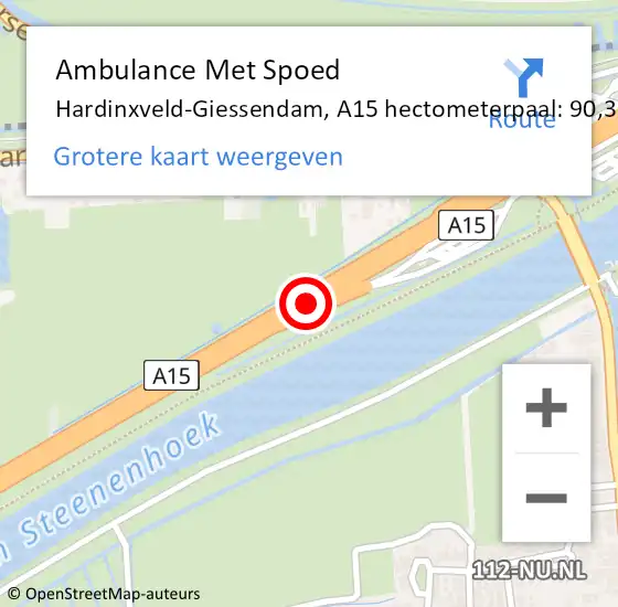 Locatie op kaart van de 112 melding: Ambulance Met Spoed Naar Hardinxveld-Giessendam, A15 hectometerpaal: 90,3 op 9 september 2024 08:29