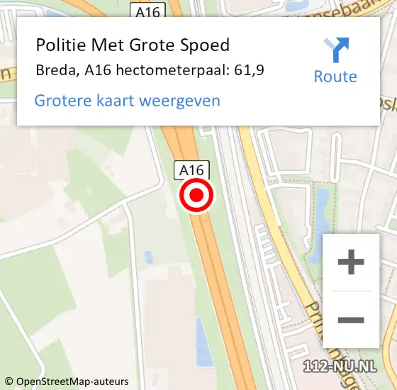 Locatie op kaart van de 112 melding: Politie Met Grote Spoed Naar Breda, A16 hectometerpaal: 61,9 op 9 september 2024 08:31