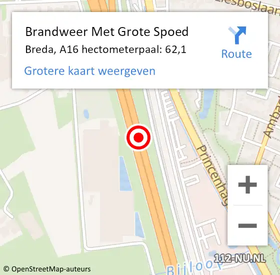 Locatie op kaart van de 112 melding: Brandweer Met Grote Spoed Naar Breda, A16 hectometerpaal: 62,1 op 9 september 2024 08:31