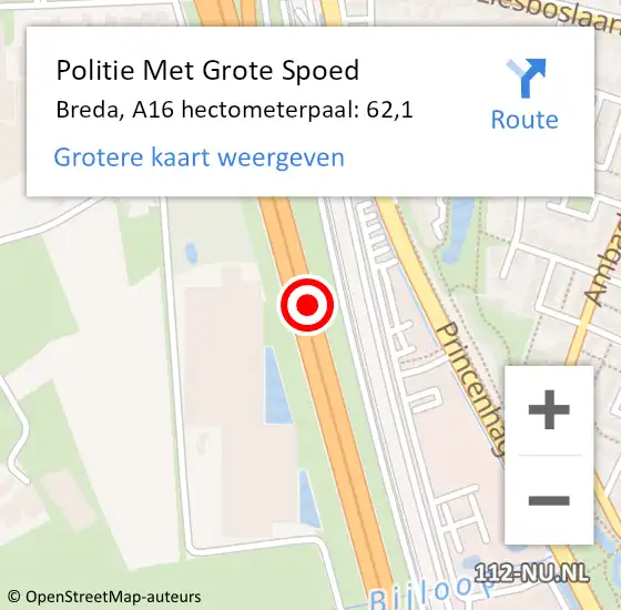 Locatie op kaart van de 112 melding: Politie Met Grote Spoed Naar Breda, A16 hectometerpaal: 62,1 op 9 september 2024 08:39