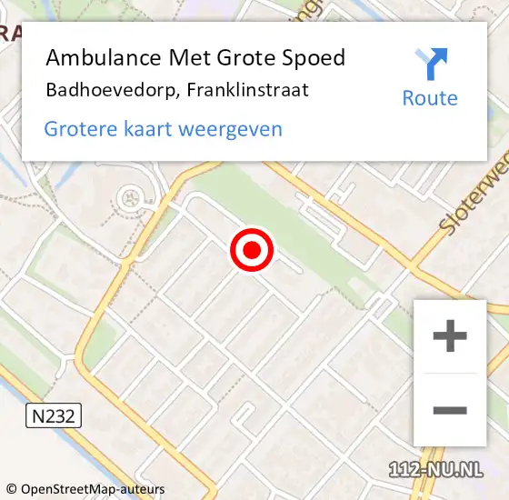 Locatie op kaart van de 112 melding: Ambulance Met Grote Spoed Naar Badhoevedorp, Franklinstraat op 9 september 2024 08:48