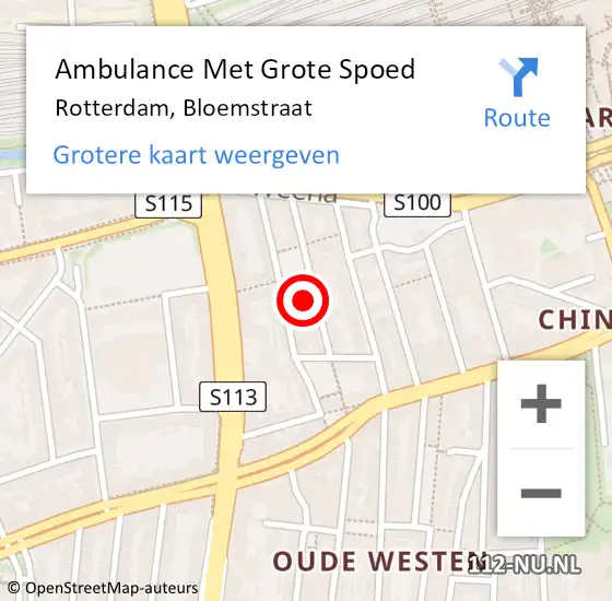 Locatie op kaart van de 112 melding: Ambulance Met Grote Spoed Naar Rotterdam, Bloemstraat op 9 september 2024 10:44