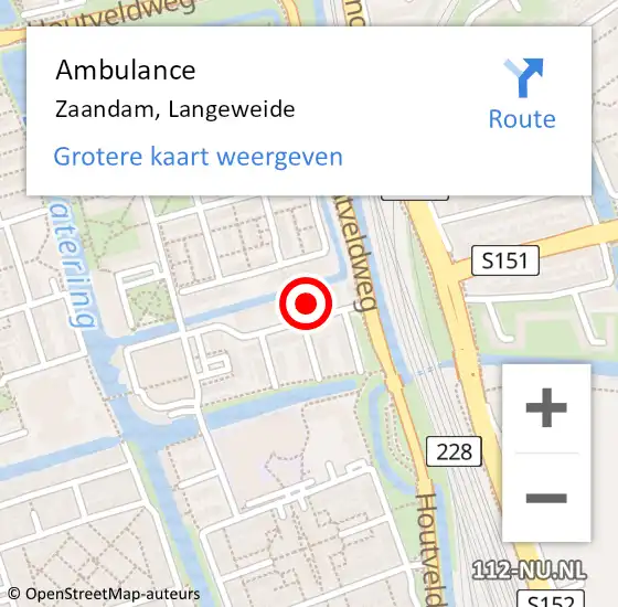 Locatie op kaart van de 112 melding: Ambulance Zaandam, Langeweide op 9 september 2024 13:09