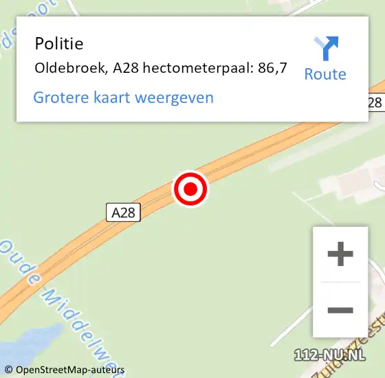 Locatie op kaart van de 112 melding: Politie Oldebroek, A28 hectometerpaal: 86,7 op 9 september 2024 13:31