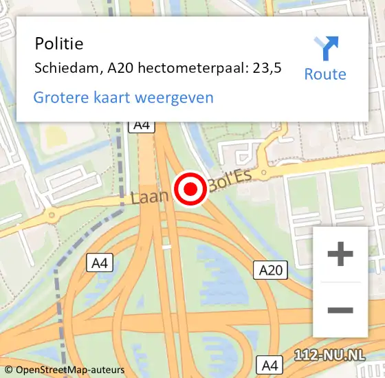 Locatie op kaart van de 112 melding: Politie Schiedam, A20 hectometerpaal: 23,5 op 9 september 2024 14:46