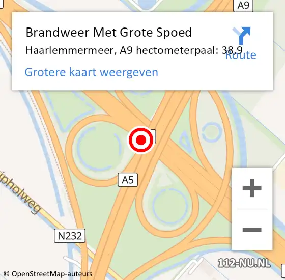 Locatie op kaart van de 112 melding: Brandweer Met Grote Spoed Naar Haarlemmermeer, A9 hectometerpaal: 38,9 op 9 september 2024 14:47