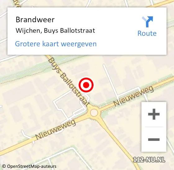 Locatie op kaart van de 112 melding: Brandweer Wijchen, Buys Ballotstraat op 9 september 2024 15:51