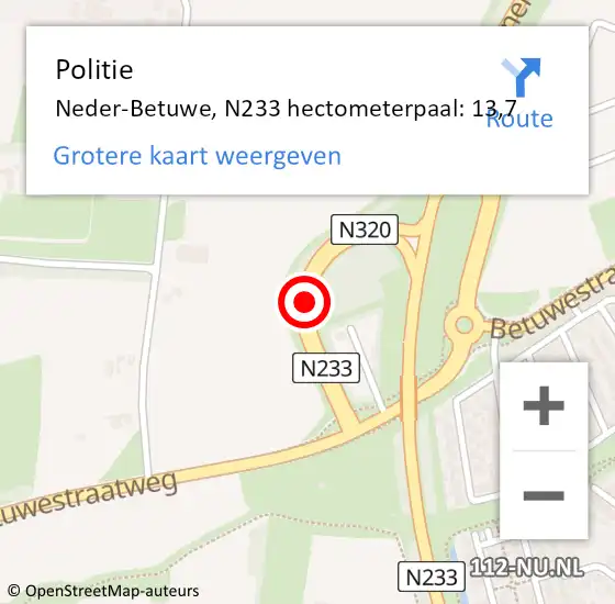 Locatie op kaart van de 112 melding: Politie Neder-Betuwe, N233 hectometerpaal: 13,7 op 9 september 2024 16:27