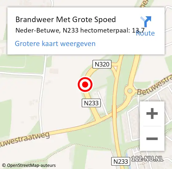 Locatie op kaart van de 112 melding: Brandweer Met Grote Spoed Naar Neder-Betuwe, N233 hectometerpaal: 13,7 op 9 september 2024 16:28