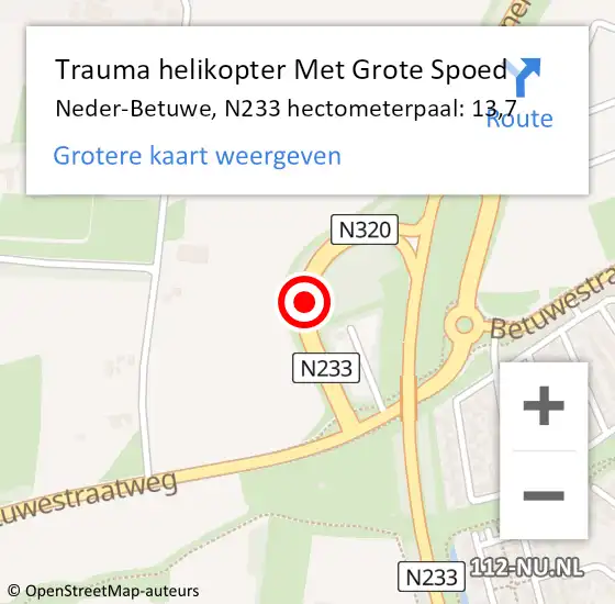 Locatie op kaart van de 112 melding: Trauma helikopter Met Grote Spoed Naar Neder-Betuwe, N233 hectometerpaal: 13,7 op 9 september 2024 16:34