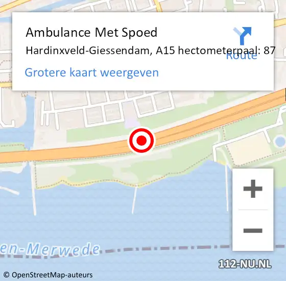 Locatie op kaart van de 112 melding: Ambulance Met Spoed Naar Hardinxveld-Giessendam, A15 hectometerpaal: 87 op 9 september 2024 16:49