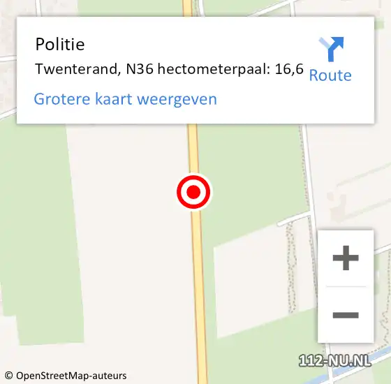 Locatie op kaart van de 112 melding: Politie Twenterand, N36 hectometerpaal: 16,6 op 9 september 2024 16:59