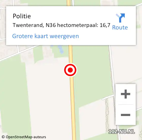 Locatie op kaart van de 112 melding: Politie Twenterand, N36 hectometerpaal: 16,7 op 9 september 2024 17:00