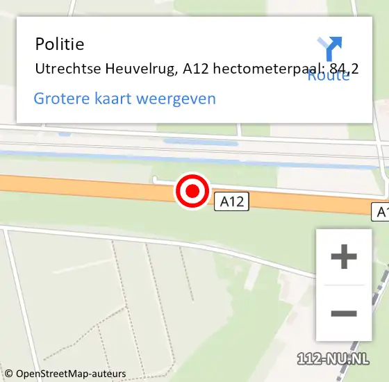 Locatie op kaart van de 112 melding: Politie Utrechtse Heuvelrug, A12 hectometerpaal: 84,2 op 9 september 2024 17:18