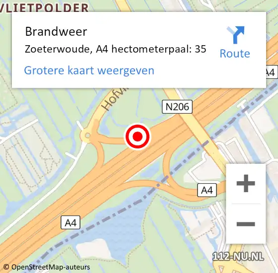 Locatie op kaart van de 112 melding: Brandweer Zoeterwoude, A4 hectometerpaal: 35 op 9 september 2024 17:32