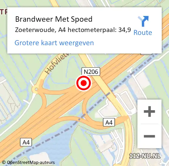 Locatie op kaart van de 112 melding: Brandweer Met Spoed Naar Zoeterwoude, A4 hectometerpaal: 34,9 op 9 september 2024 17:32