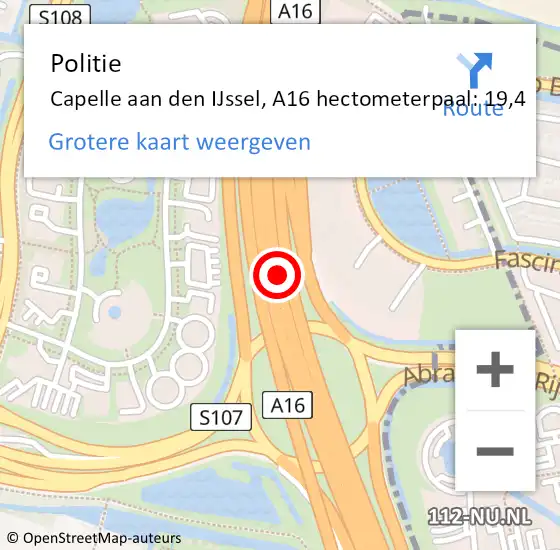 Locatie op kaart van de 112 melding: Politie Capelle aan den IJssel, A16 hectometerpaal: 19,4 op 9 september 2024 17:42