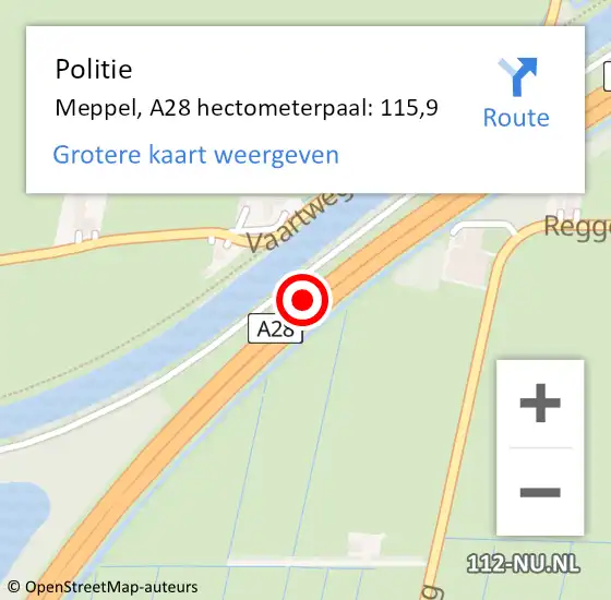 Locatie op kaart van de 112 melding: Politie Meppel, A28 hectometerpaal: 115,9 op 9 september 2024 17:44