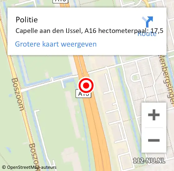 Locatie op kaart van de 112 melding: Politie Capelle aan den IJssel, A16 hectometerpaal: 17,5 op 9 september 2024 18:24