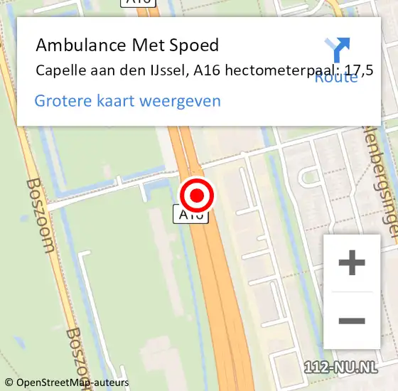 Locatie op kaart van de 112 melding: Ambulance Met Spoed Naar Capelle aan den IJssel, A16 hectometerpaal: 17,5 op 9 september 2024 18:24