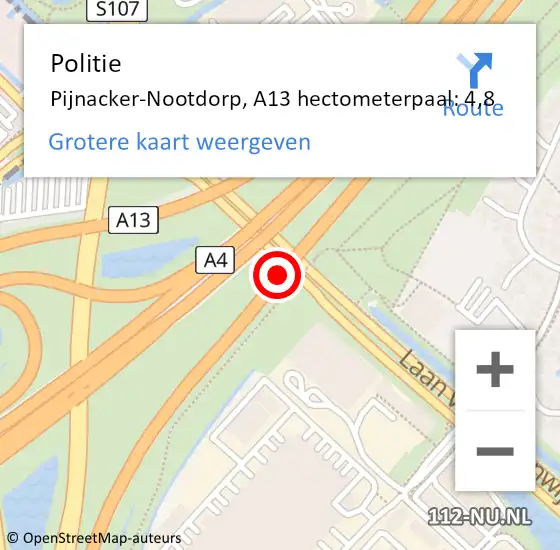 Locatie op kaart van de 112 melding: Politie Pijnacker-Nootdorp, A13 hectometerpaal: 4,8 op 9 september 2024 19:43