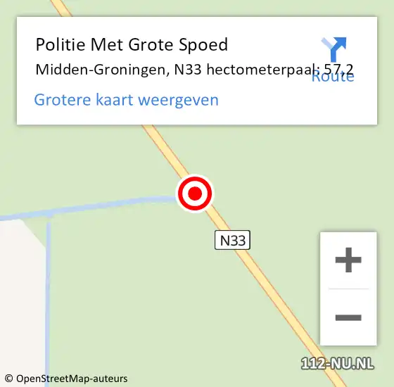 Locatie op kaart van de 112 melding: Politie Met Grote Spoed Naar Midden-Groningen, N33 hectometerpaal: 57,2 op 9 september 2024 20:41