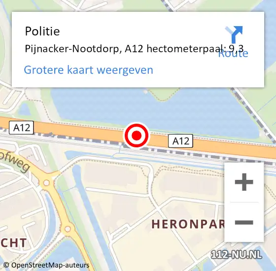 Locatie op kaart van de 112 melding: Politie Pijnacker-Nootdorp, A12 hectometerpaal: 9,3 op 9 september 2024 22:34