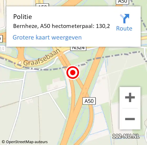 Locatie op kaart van de 112 melding: Politie Bernheze, A50 hectometerpaal: 130,2 op 10 september 2024 05:33