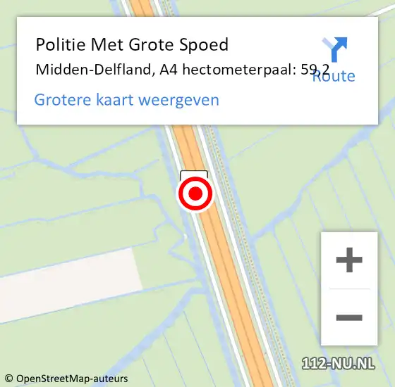 Locatie op kaart van de 112 melding: Politie Met Grote Spoed Naar Midden-Delfland, A4 hectometerpaal: 59,2 op 10 september 2024 05:59