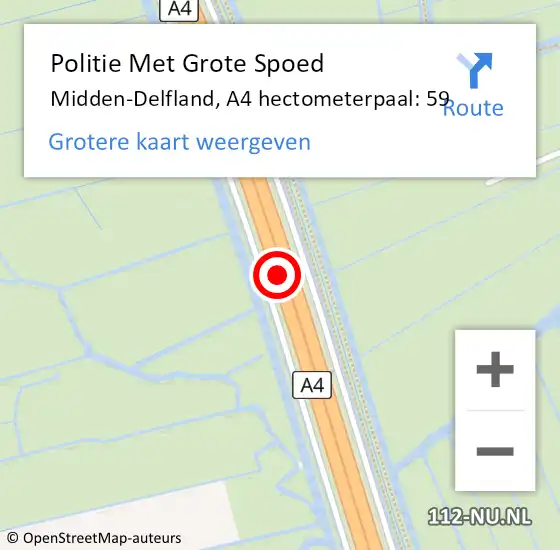 Locatie op kaart van de 112 melding: Politie Met Grote Spoed Naar Midden-Delfland, A4 hectometerpaal: 59 op 10 september 2024 06:02