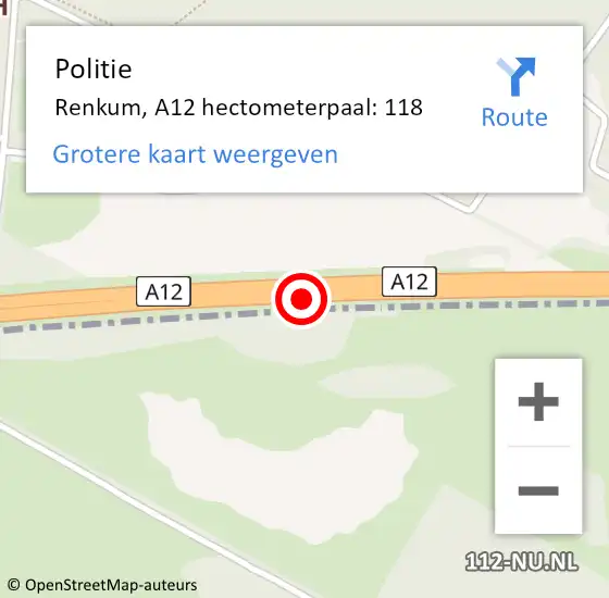 Locatie op kaart van de 112 melding: Politie Renkum, A12 hectometerpaal: 118 op 10 september 2024 08:02