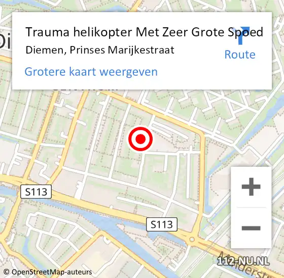 Locatie op kaart van de 112 melding: Trauma helikopter Met Zeer Grote Spoed Naar Diemen, Prinses Marijkestraat op 10 september 2024 08:44