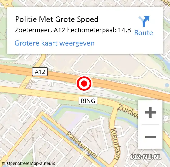 Locatie op kaart van de 112 melding: Politie Met Grote Spoed Naar Zoetermeer, A12 hectometerpaal: 14,8 op 10 september 2024 08:54