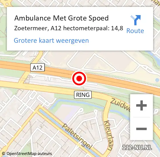 Locatie op kaart van de 112 melding: Ambulance Met Grote Spoed Naar Zoetermeer, A12 hectometerpaal: 14,8 op 10 september 2024 08:57