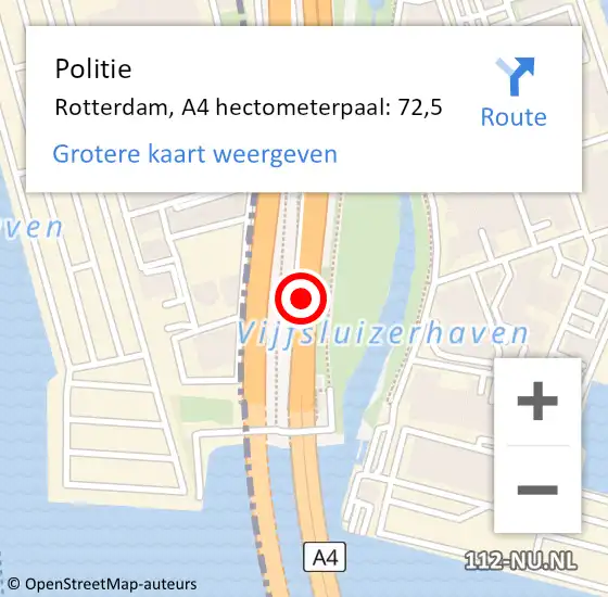 Locatie op kaart van de 112 melding: Politie Rotterdam, A4 hectometerpaal: 72,5 op 10 september 2024 09:16