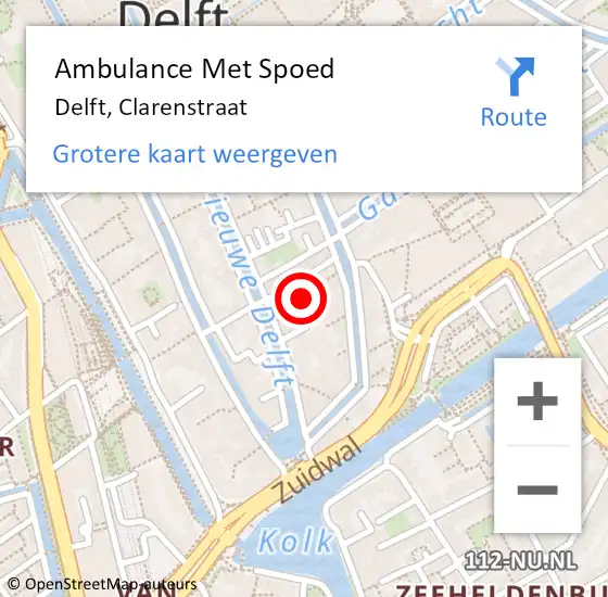 Locatie op kaart van de 112 melding: Ambulance Met Spoed Naar Delft, Clarenstraat op 10 september 2024 10:05