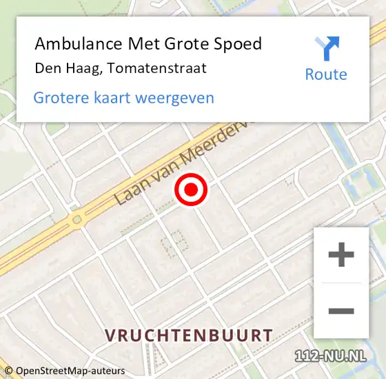 Locatie op kaart van de 112 melding: Ambulance Met Grote Spoed Naar Den Haag, Tomatenstraat op 10 september 2024 11:18