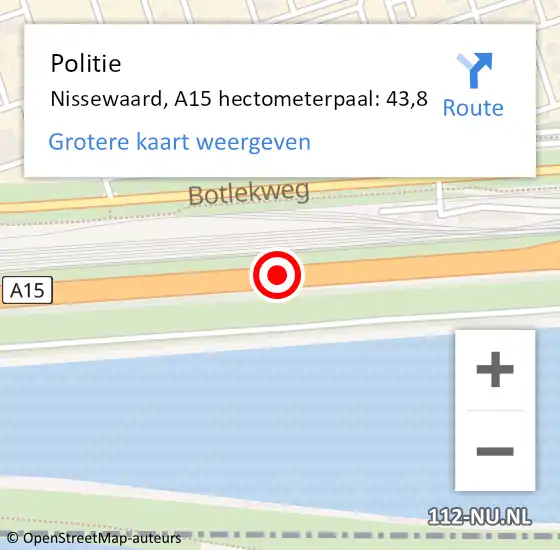 Locatie op kaart van de 112 melding: Politie Nissewaard, A15 hectometerpaal: 43,8 op 10 september 2024 12:44