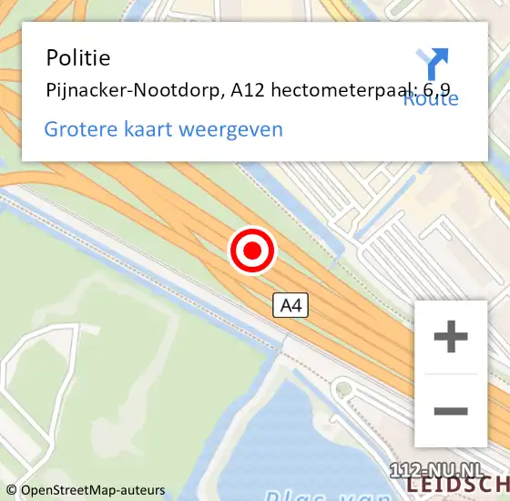 Locatie op kaart van de 112 melding: Politie Pijnacker-Nootdorp, A12 hectometerpaal: 6,9 op 10 september 2024 13:04