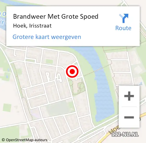 Locatie op kaart van de 112 melding: Brandweer Met Grote Spoed Naar Hoek, Irisstraat op 10 september 2024 13:39