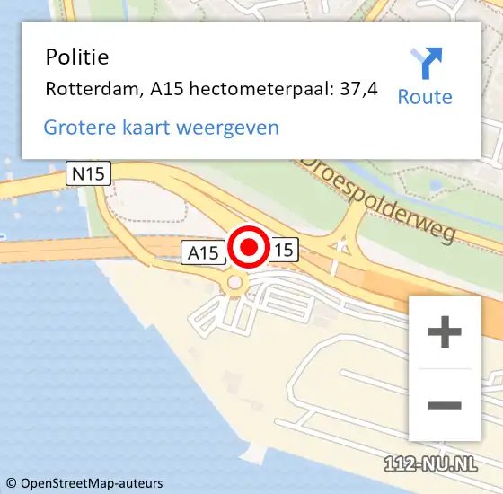 Locatie op kaart van de 112 melding: Politie Rotterdam, A15 hectometerpaal: 37,4 op 10 september 2024 14:18