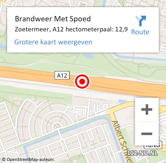 Locatie op kaart van de 112 melding: Brandweer Met Spoed Naar Zoetermeer, A12 hectometerpaal: 12,9 op 10 september 2024 15:54