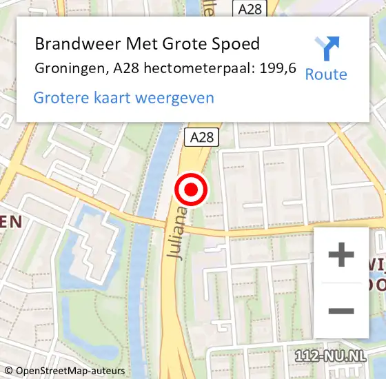 Locatie op kaart van de 112 melding: Brandweer Met Grote Spoed Naar Groningen, A28 hectometerpaal: 199,6 op 10 september 2024 16:53