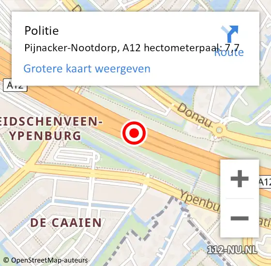 Locatie op kaart van de 112 melding: Politie Pijnacker-Nootdorp, A12 hectometerpaal: 7,7 op 10 september 2024 18:05