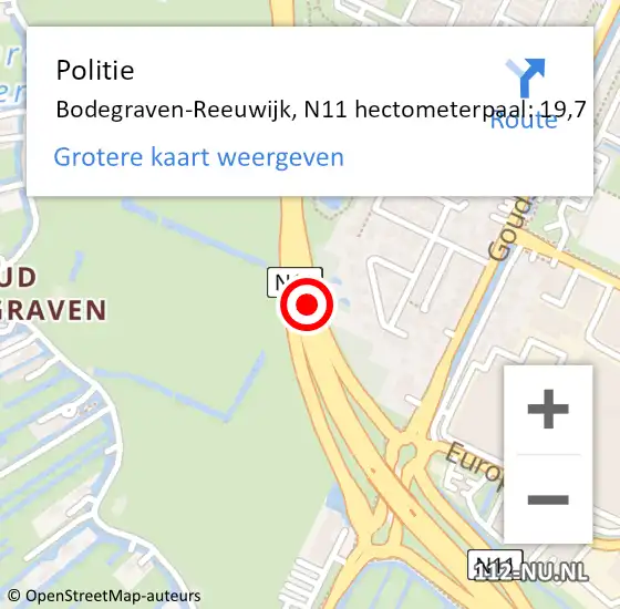 Locatie op kaart van de 112 melding: Politie Bodegraven-Reeuwijk, N11 hectometerpaal: 19,7 op 10 september 2024 19:11