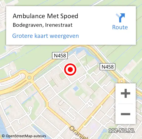 Locatie op kaart van de 112 melding: Ambulance Met Spoed Naar Bodegraven, Irenestraat op 10 september 2024 19:52